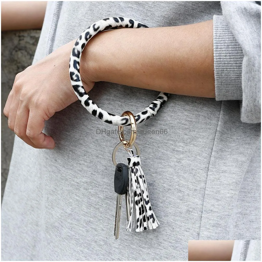 women girls leopard pu leather bracelet key ring bangle keyring tassel ring circle key ring keychain wristlet keyrings jewelry