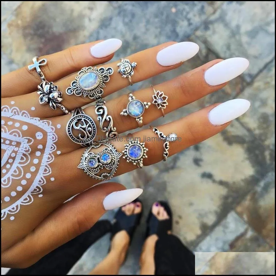 bohemian antique silver geometric rings set for women retro starry star lotus charm midi knuckle finger ring ladies boho jewelry gift