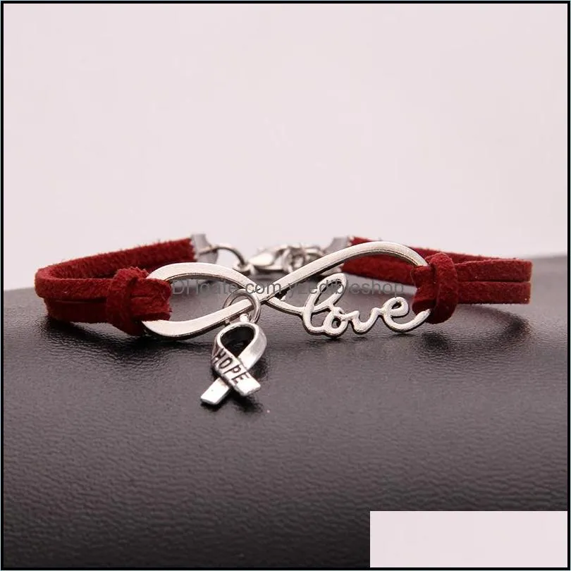 fashion breast cancer awareness hope bracelets for women men ribbon love charm velvet string rope wrap bangle diy handmade jewelry