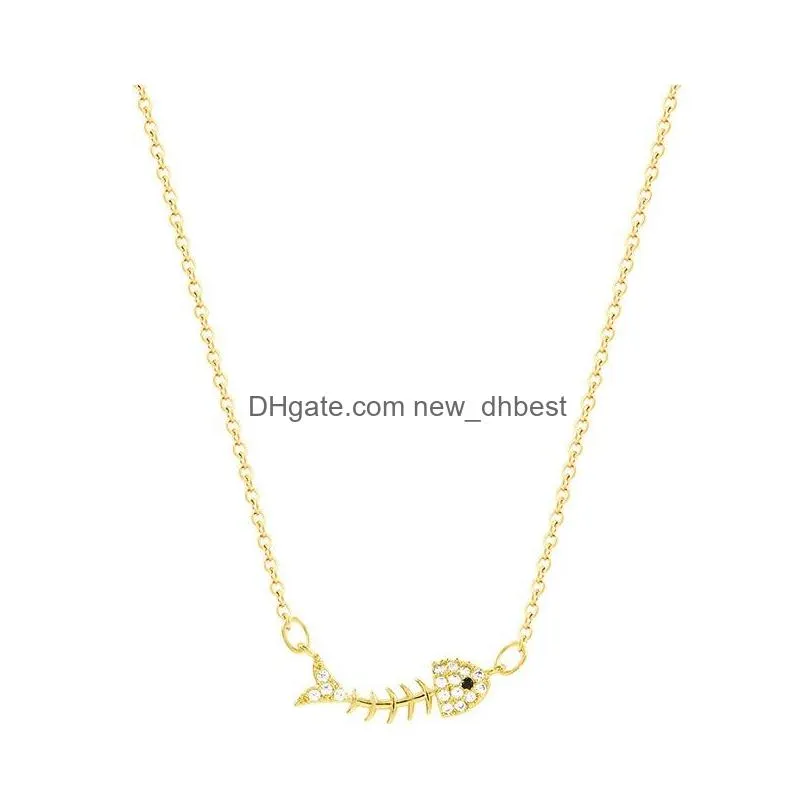 fashion jewelry copper fishbone pendant necklace rhinstone fish choker necklaces