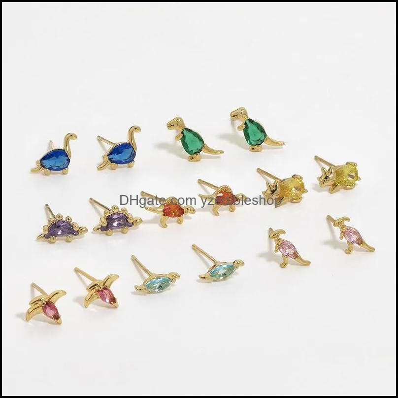 ins creative inlaid zircon dinosaur stud earrings simple cute real goldplated color earring for women girls fashion jewelry gift