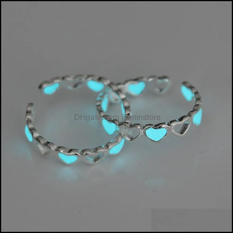 adjustable hollow heart luminous rings glow in dark silver color rings for women friends gift vintage fashion jewelry