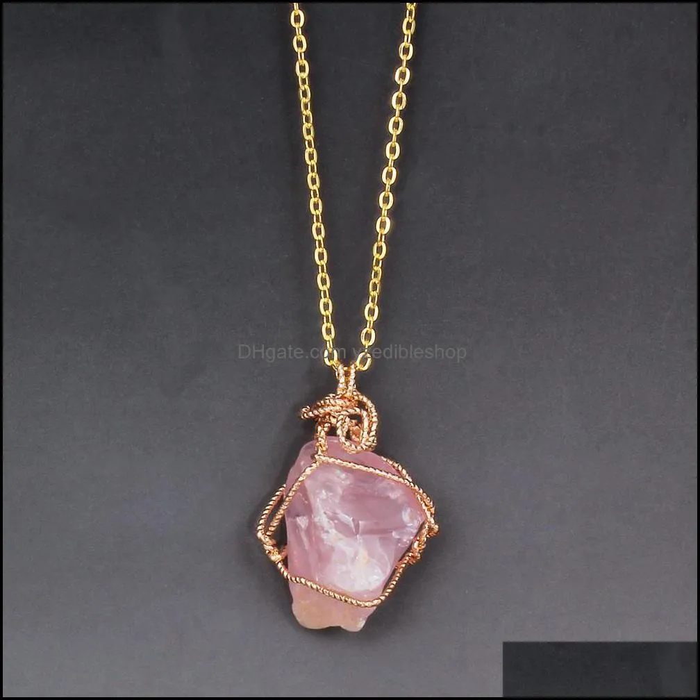 pretty necklaces gold chain wire wrapped punk irregular natural stone necklace jewelry rose quartz healing crystals penda yzedibleshop