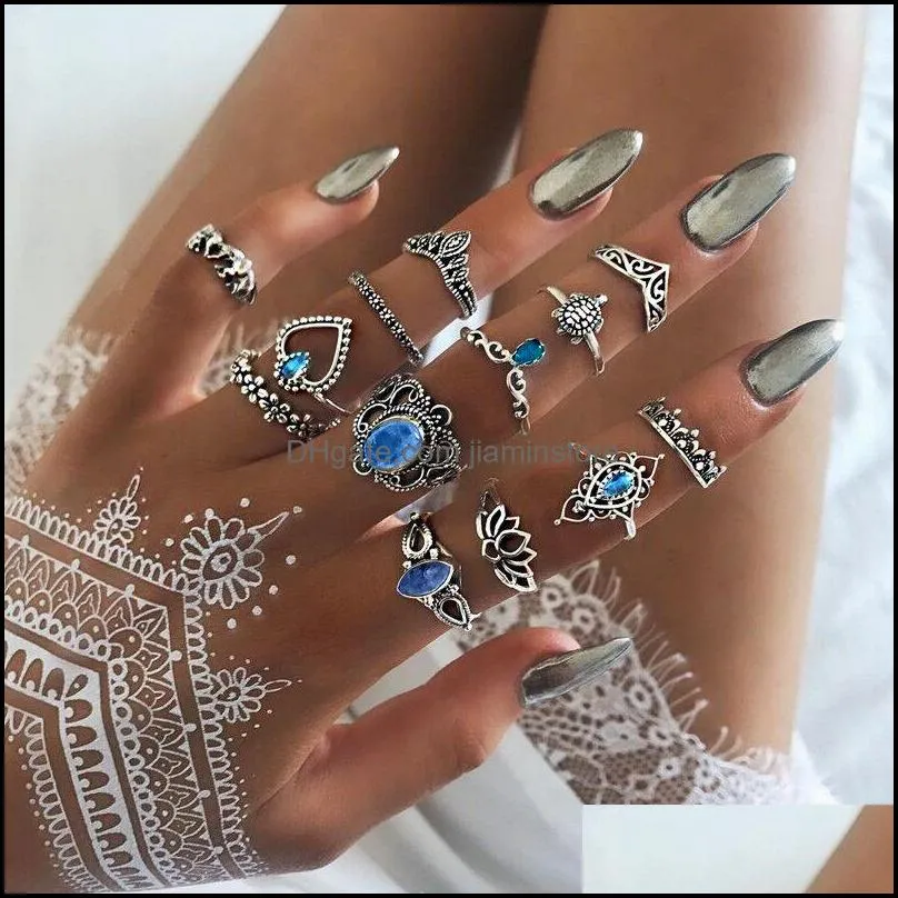 bohemian antique silver geometric rings set for women retro starry star lotus charm midi knuckle finger ring ladies boho jewelry gift