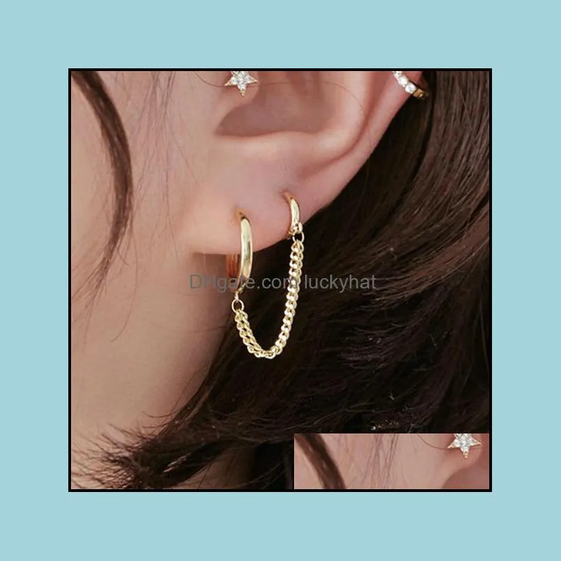 creative two hole hoop huggie piercing earrings for women crystal zircon metal color chain earring party jewelry