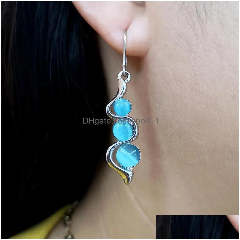 bohemian fashion jewelry curve wave dangle earrings blue cats eye earring