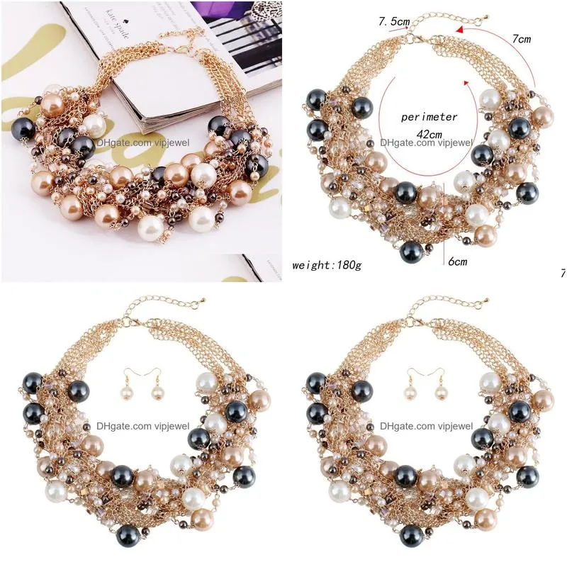 europe party casual jewelry set womens exaggerated mixed color pearl beads necklace short earrings necklace set
