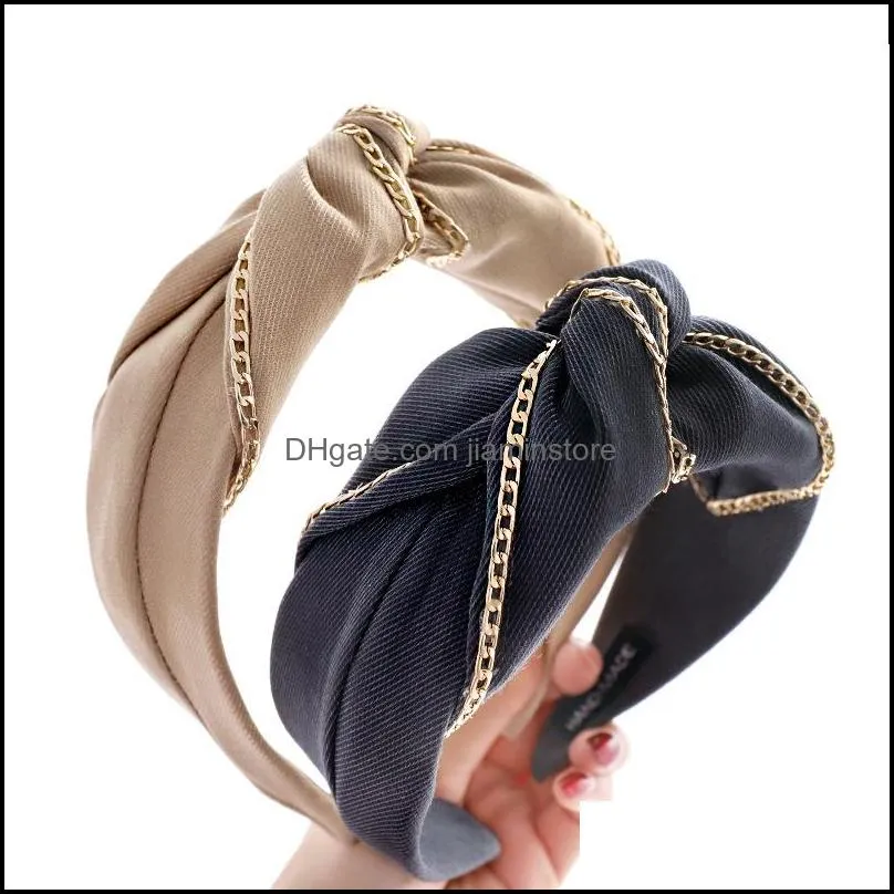 fashion street girls headband women soft cloth hairband gold alloy chain headwear wide side solid head band autumn hair accessories