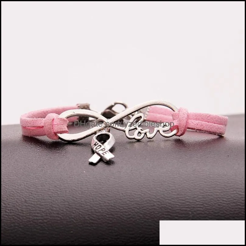 fashion breast cancer awareness hope bracelets for women men ribbon love charm velvet string rope wrap bangle diy handmade jewelry