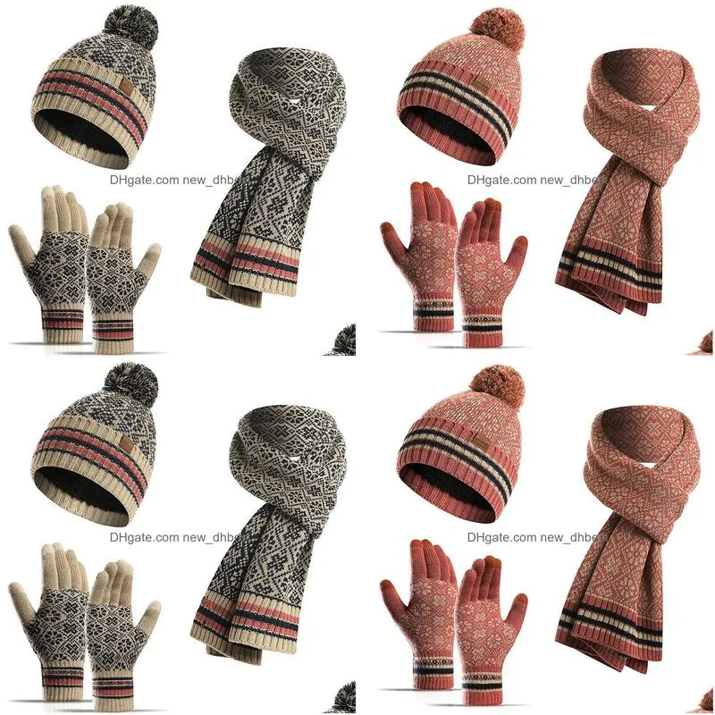 autumn winter women knitted hat warm beanie caps scarf gloves 3pcs/set