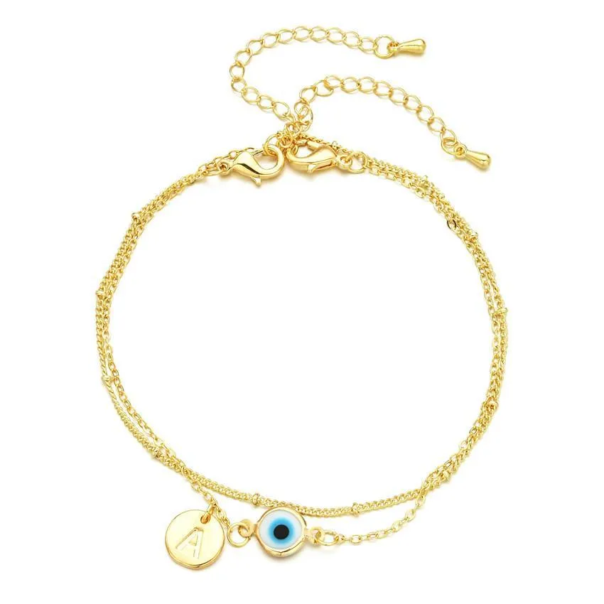 fashion jewelry gold plated evil eye anklet for women double layer chain letter a blue eyes anklets bracelet