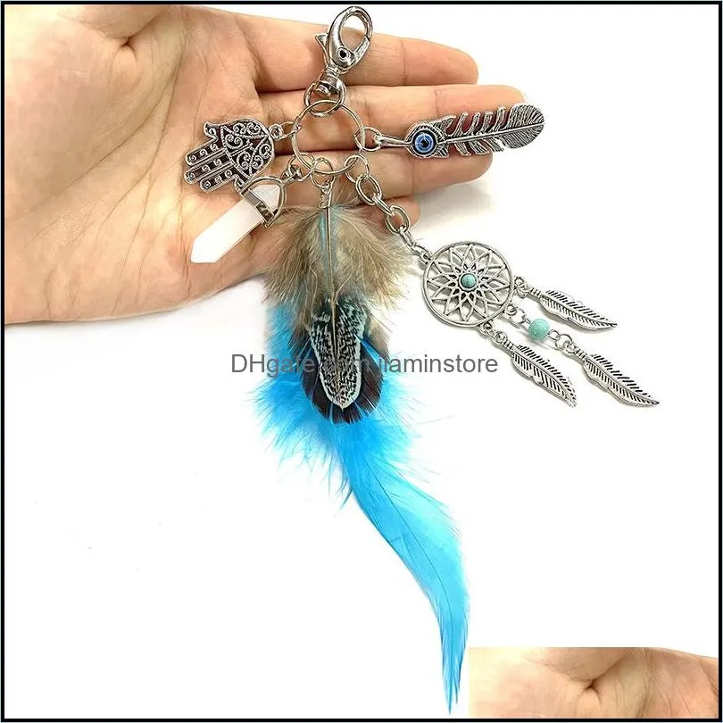 fashion opal stone natural for women metal key rings bag charm fashion boho jewelry feather keychain