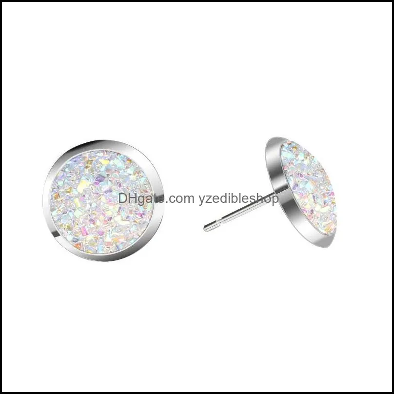 bulk stainless steel shiny druzy stud earrings round natural stone earrings for women fashion jewelry gift