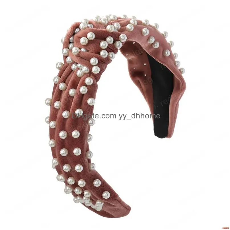 gold velvet fabric inlaid pearl headband for women gentle wideside knotted head hair accessory