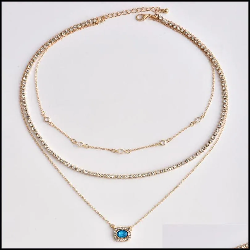 elegant multilayer geometric blue clear crystal pendant choker necklace for women trendy jewelry gift 2019