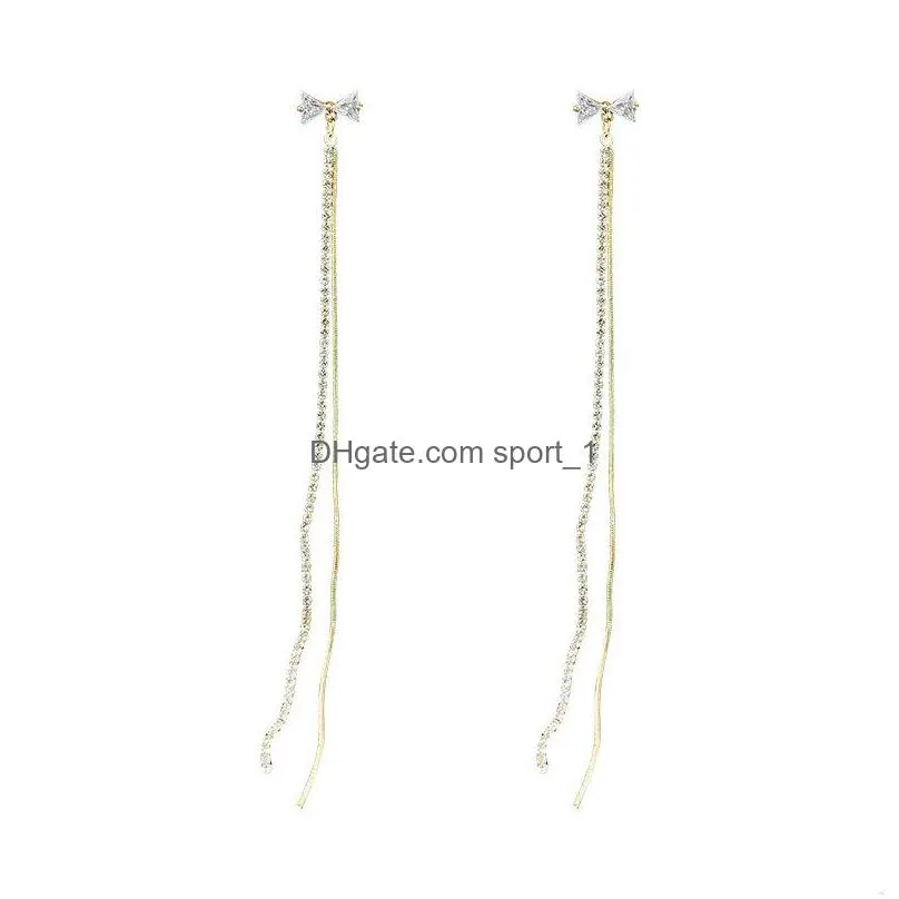 fashion jewelry s925 silver needle exaggerated long tassel earrings bowknot rhinstone tassels dangle stud earrings