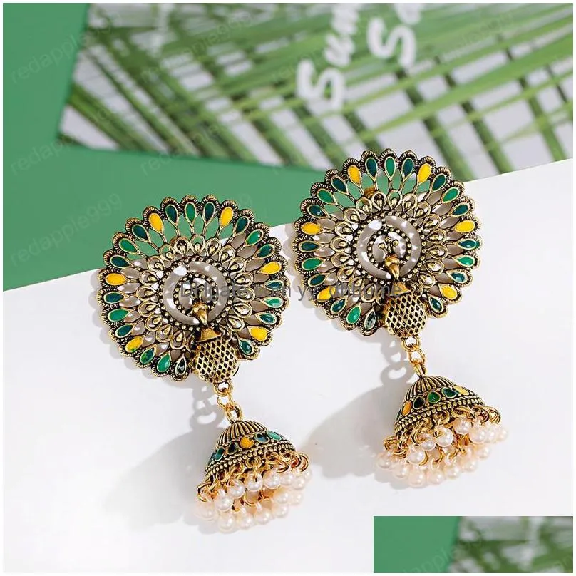 ethnic big round peacock indian antique jhumka dangle earring women vintage bohemian retro pearl tassel bell tibetan earrings