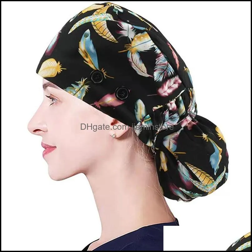 print adjustable long hair working cap with button ponytail holder scrub hats elastic nurse hat for women