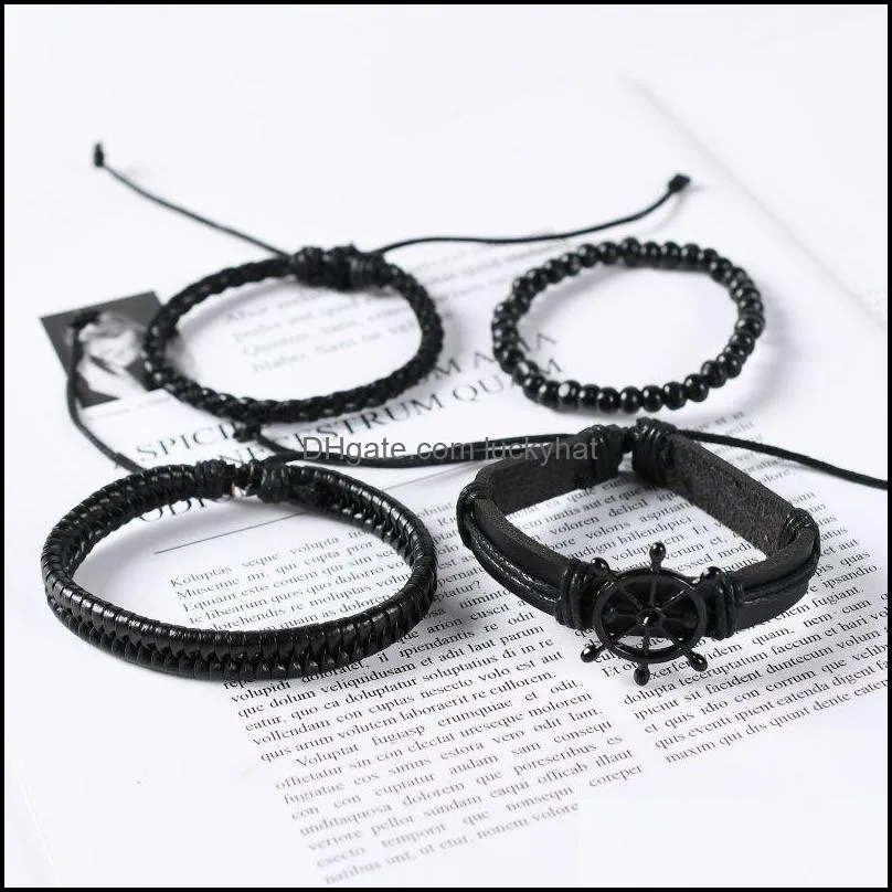 vintage leaf feather multilayer wood leather bracelet men fashion braided handmade star rope wrap bangles 4 pcs/set
