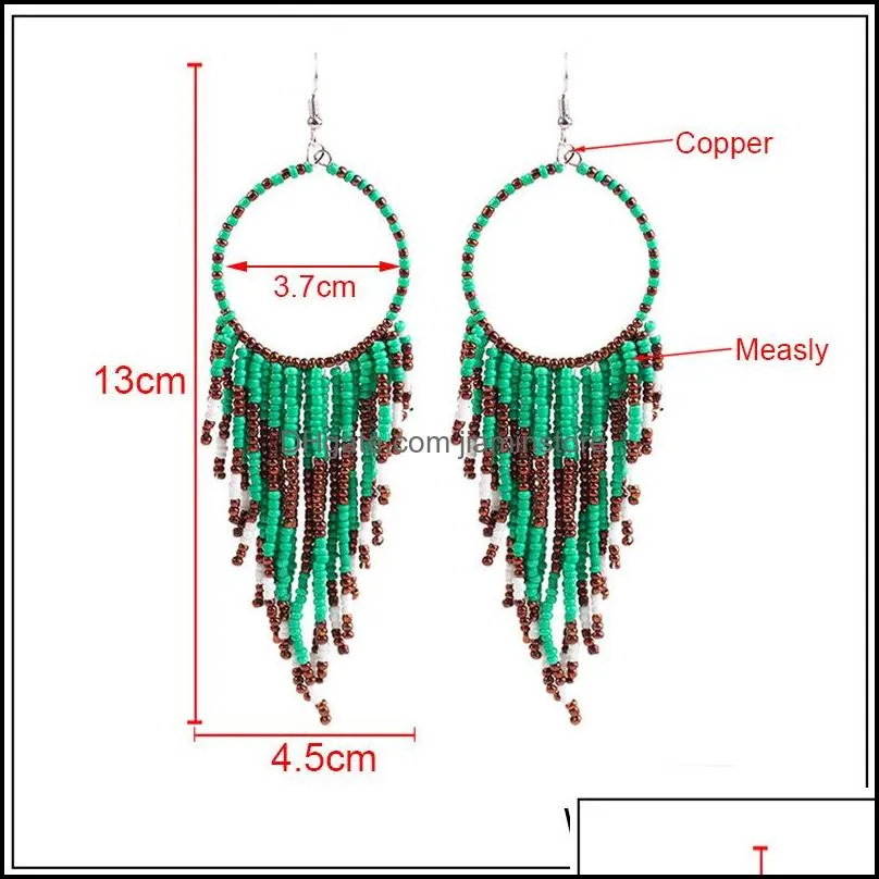  boho ethnic tassel earrings women vintage rice beads long drop dangle silver ear hook for ladies fashion jewelry gift