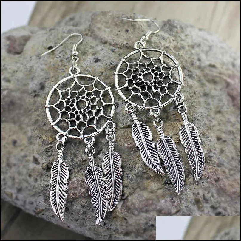 dreamcatcher feather leaf dangle earring for women silver plating long hook earring trendy jewelry wholesale