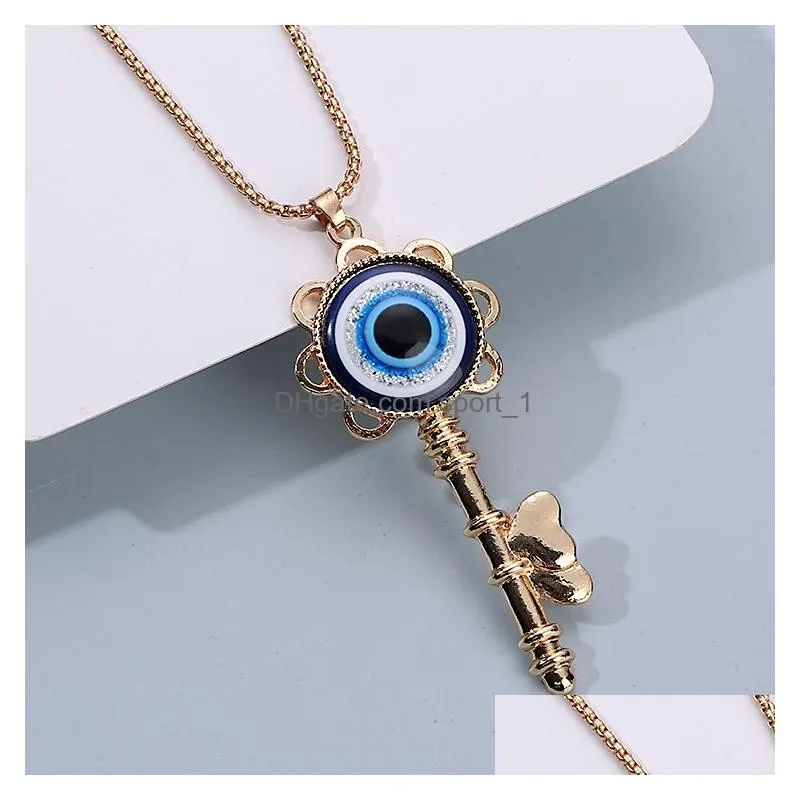 fashion jewelry geometric evil eye pendant necklace fatima heart key rhinestone blue eyes necklaces