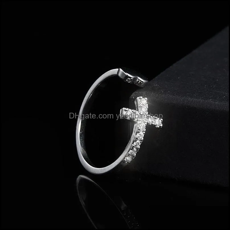 silver cross heart rings channel setting rhinestone irregular adjustable love shaped opening rings costume jewelry for women