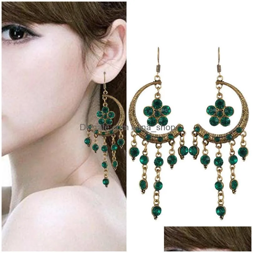 bohemian fashion jewelry vintage earrings womens rhinstone flower dangle tassels earrings