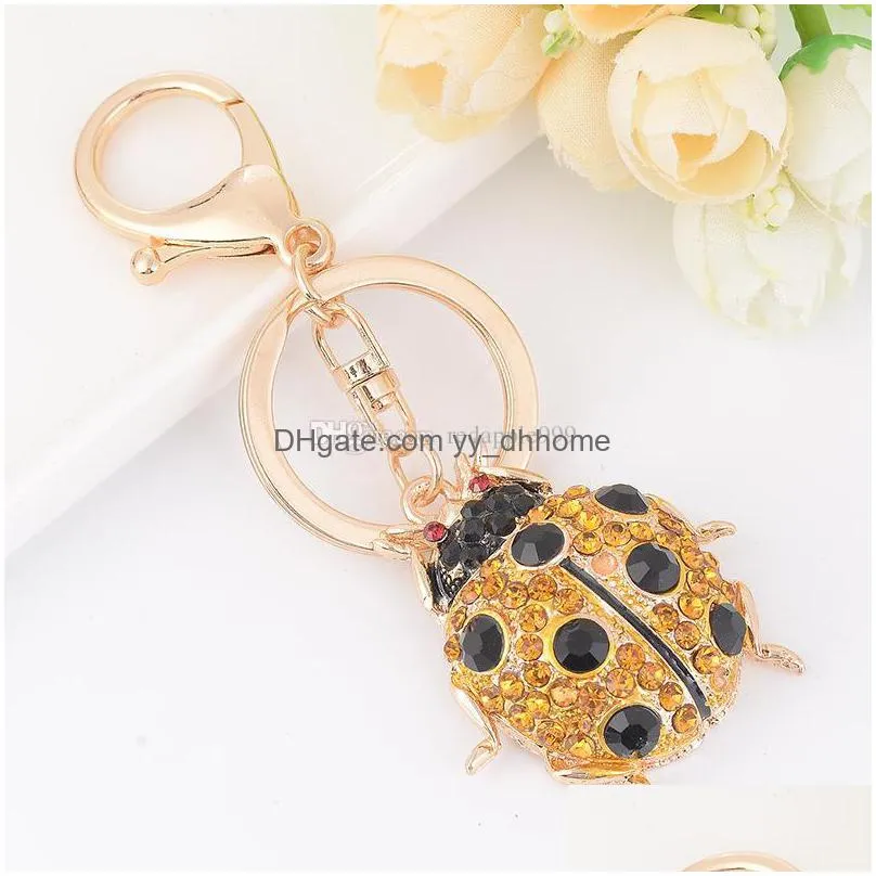 cute ladybird keychain crystal metal keychain rose gold plated keyring car keychains purse charms handbag pendant gift