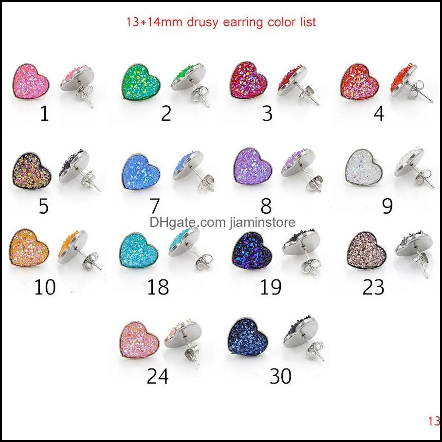 bulk women druzy stud earrings round and heart shape resin stone drop stainless steel hypoallergenic earrings for female fashion