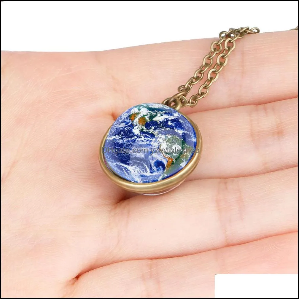 glow in the dark double side glass ball necklace earth planet pattern personality jewelry solar system galaxy astronomy pendant