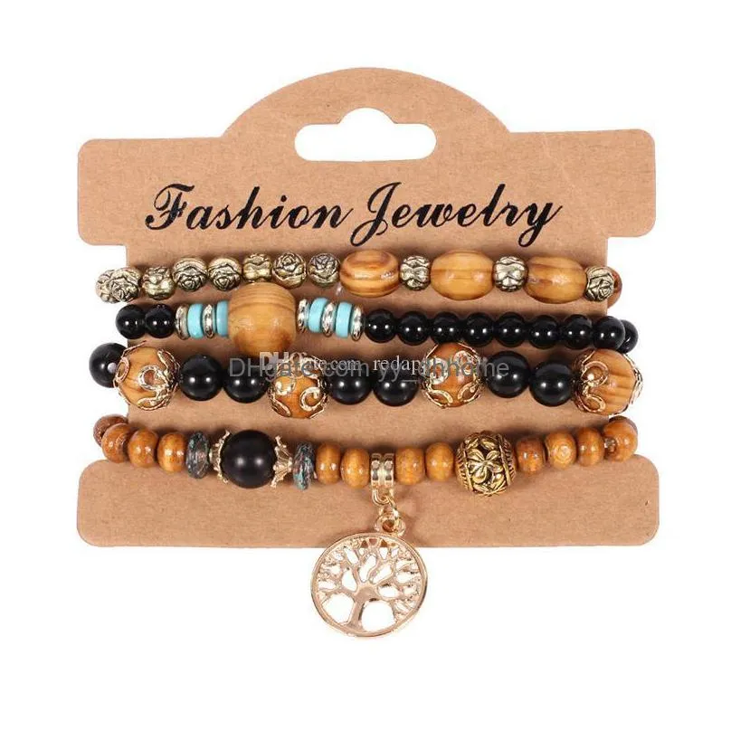 4pcs/lot vintage tree of life charm bracelets set for women wooden wood beads elasticity chains bangle fashion bohemian jewelry