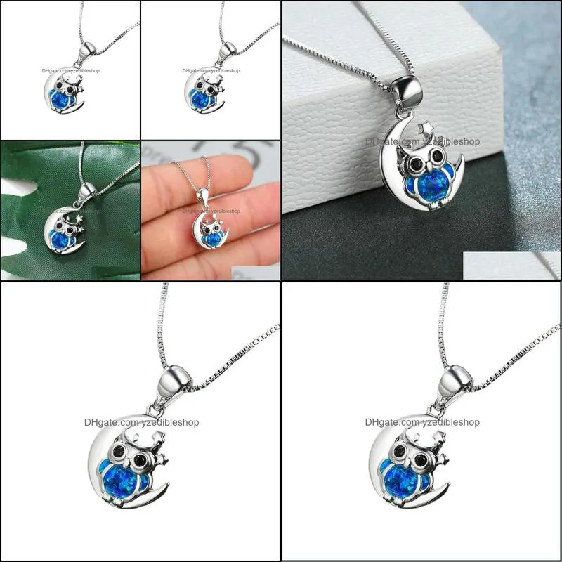 blue opal pendant necklace boho silver color animal chain necklaces for women cute star moon owl wedding necklac yzedibleshop