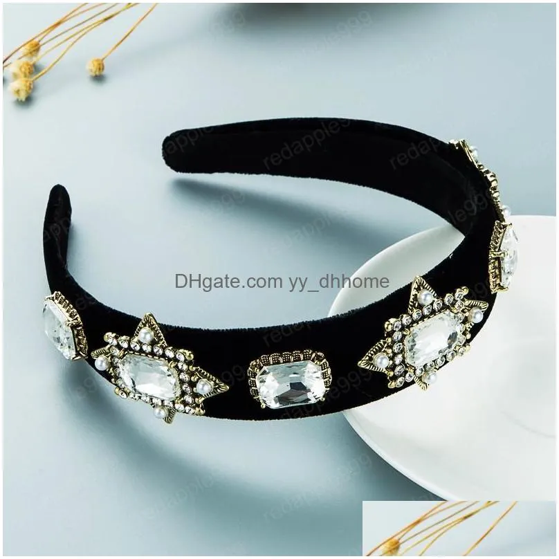 vintage geometric crystal headband for woman luxury sparkly rhinestone beaded velvet hairband girls party headpieces