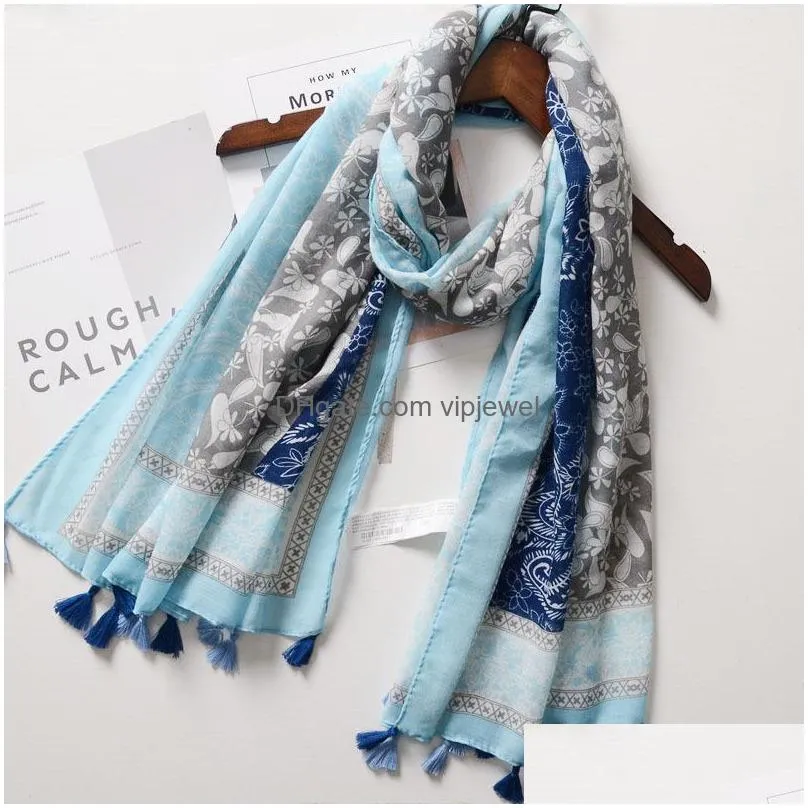 bohemian fashion spring summer women slik scarf sunscreen cotton and linen fleeing scarf big gauze shawls soft beach shawl paisley florals tassels