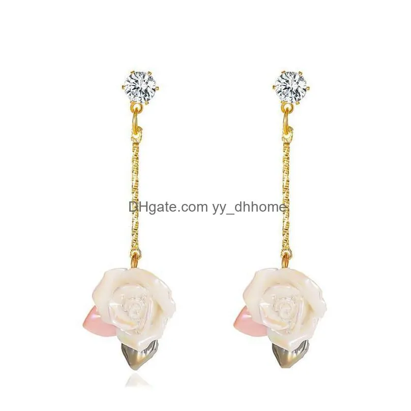 french rose flower long dangle earrings women retro crystal tassel chain ear nail european business party gift floral earring jewelry