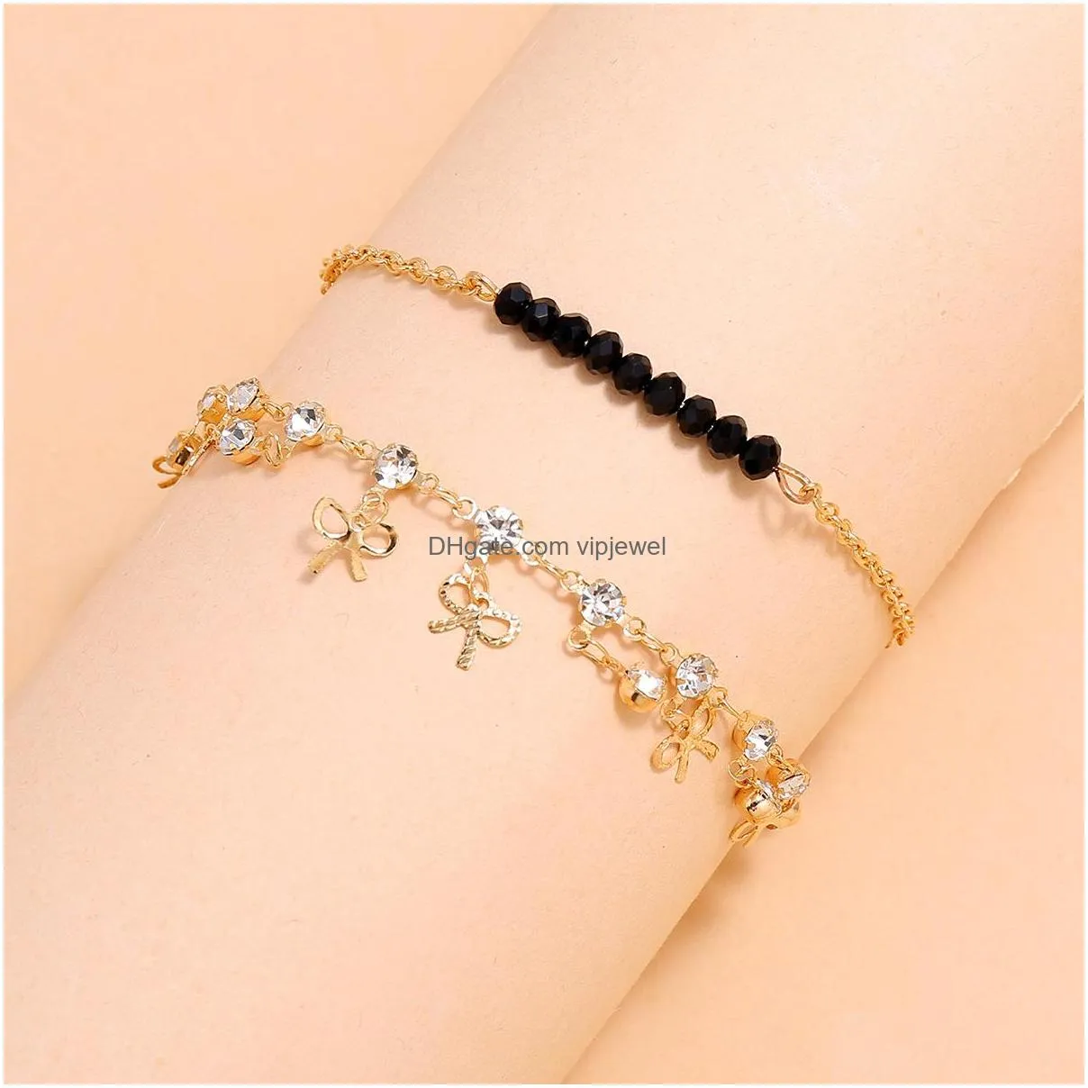 fashion jewelry beads handmade string black beads bowknot tassels chain anklet 2pcs/set womens anklets