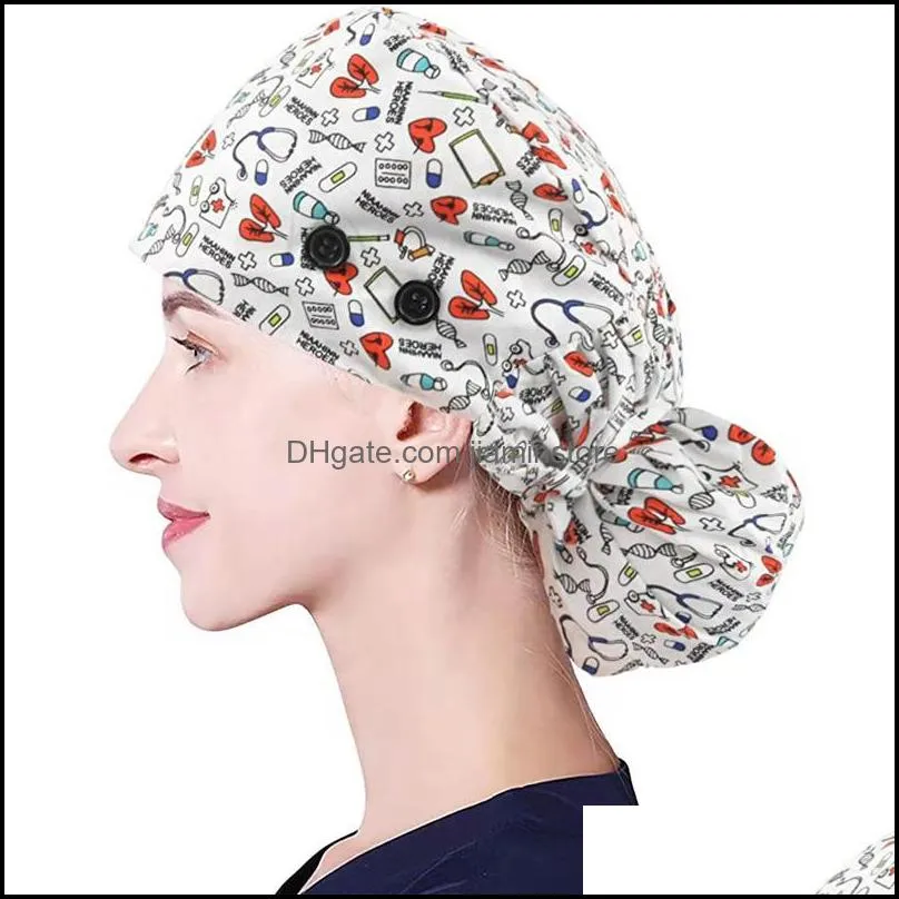 print adjustable long hair working cap with button ponytail holder scrub hats elastic nurse hat for women