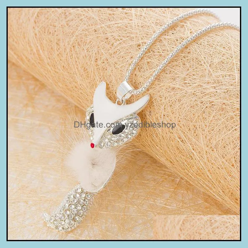 rhinestone necklace pendant accessories candy colour fur fox long necklace sweater chain necklac yzedibleshop