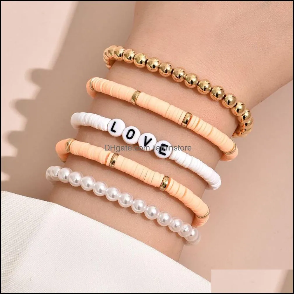 bohemian multicolor pearl soft pottery beaded strands set for women fashion colorful beach bracelets couples jewelry gift 5pcs/set