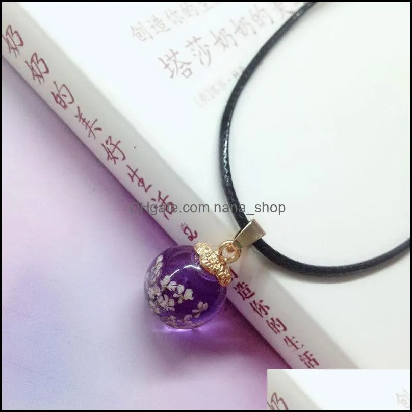lovely real natural dried flowers round glass pendant necklaces leather rope necklaces for women girls nanashop