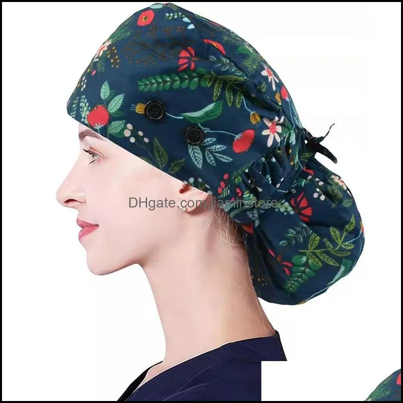 print adjustable long hair working cap with button ponytail holder scrub hats elastic nurse hat for women