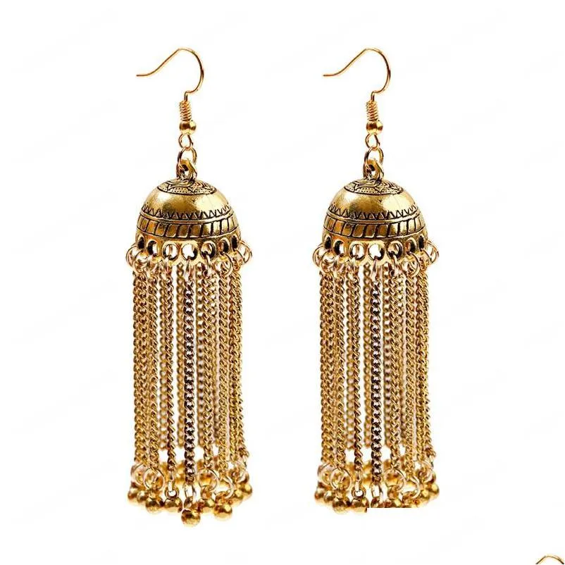 vintage women gold indian dangle earring jewelry ladies retro round bell long tassel jhumka earrings oorbellen