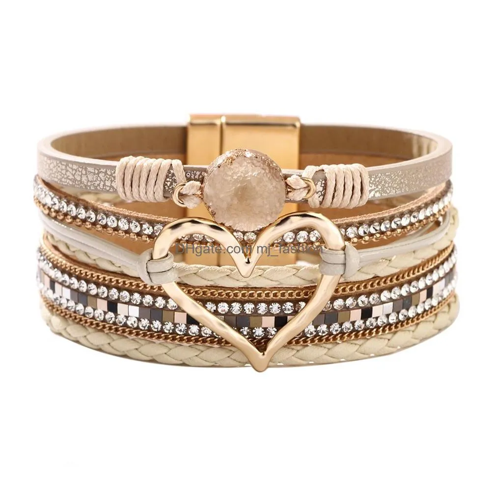 fashion jewelry pu leather bracelets for women handwoven hollowed heart rhinestone multilayer bracelet