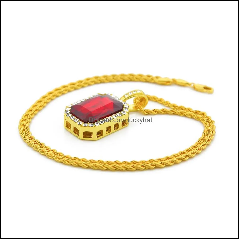 hip hop jewelry square ruby sapphire red blue green black white gems crystal pendant necklace 24 inch gold chain for men fashion