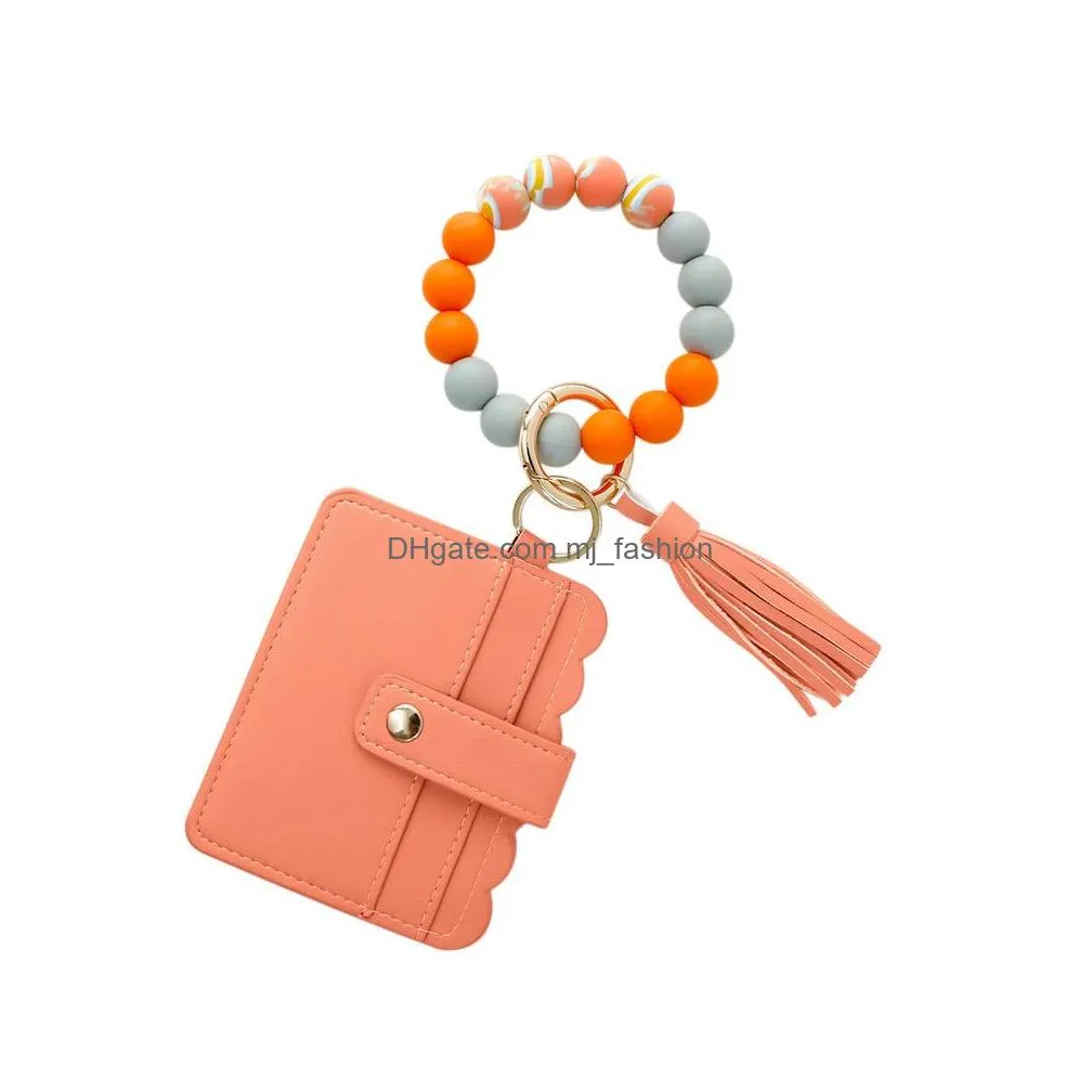 women girls silicone beaded bracelet outdoor sports key ring keyring circle keychain wristlet jewelry with wallet card purse