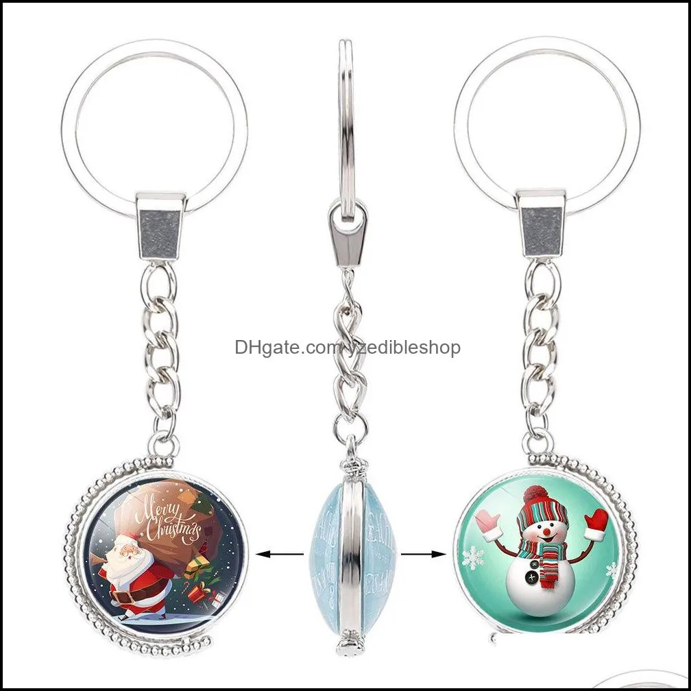 2019 christmas glass cabochon double sides keychains reindeer tree santa claus bell snowman pendant rotable key chain jewelry