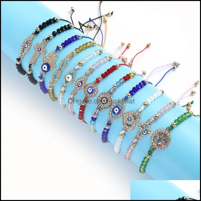 12pcs/set blue evil eye bracelets for women crystal tree hand cross heart turtle charm beads rope string chain adjustable bangle fashion jewelry