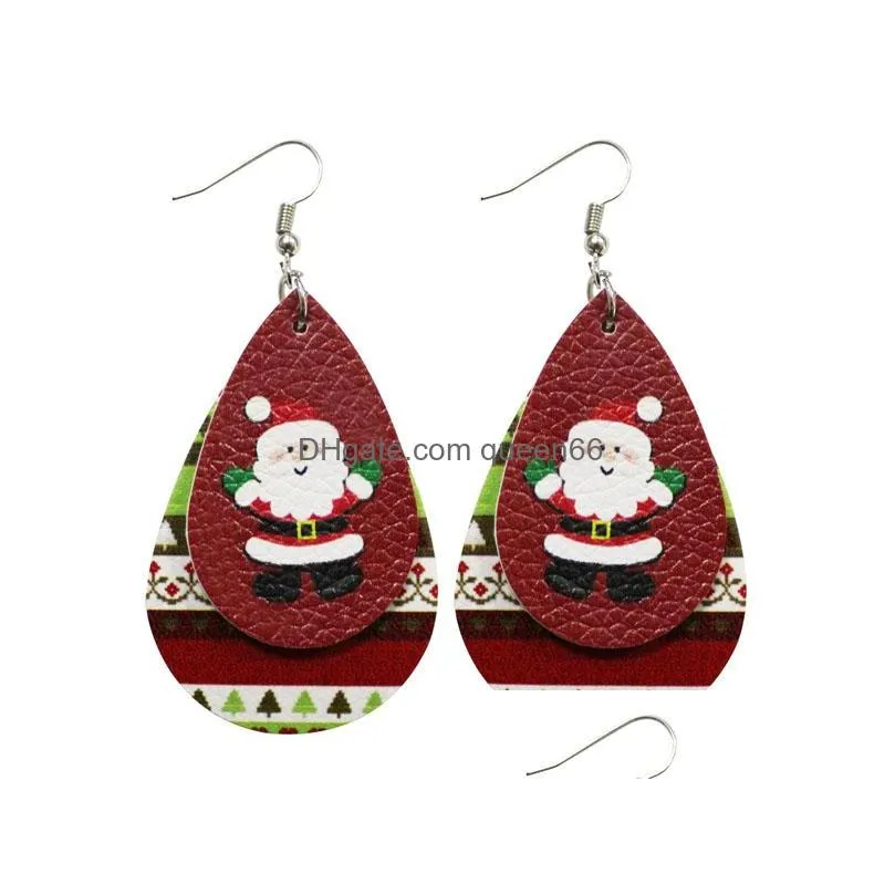 fashion jewelry pu leather earrings double layer christmas santa claus snow faux leather earrings