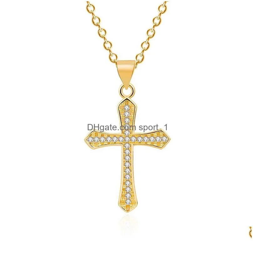 fashion jewelry 14k gold plated diamond jesus cross necklace women men crystal row pendant necklaces